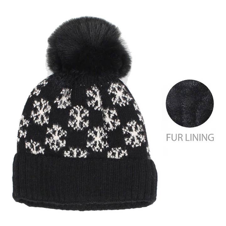 Wona Trading, Inc. - Wholesale Beanie - Women's - Snowflake Patterned Faux Fur Lining Knit Pom Pom Beanie Hat