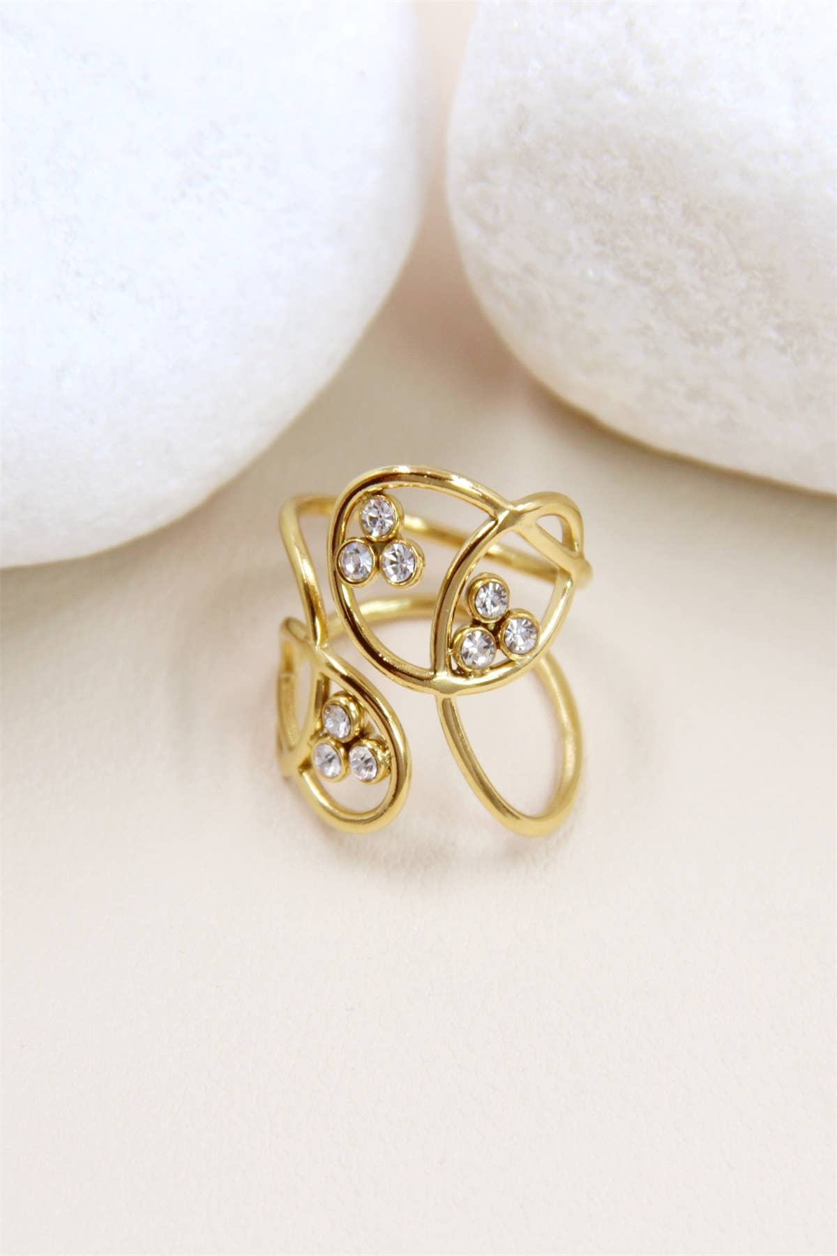 Förgylld Asymmetriskt rostfritt stålring med strass för wholesale på Faire0