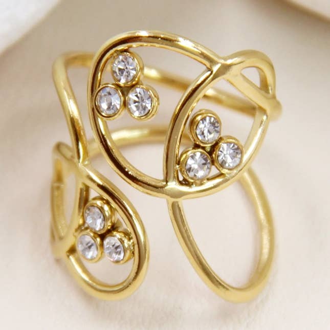 golden Asymmetrical Stainless Steel Ring Adorned with Rhinestones for wholesale on Faire0