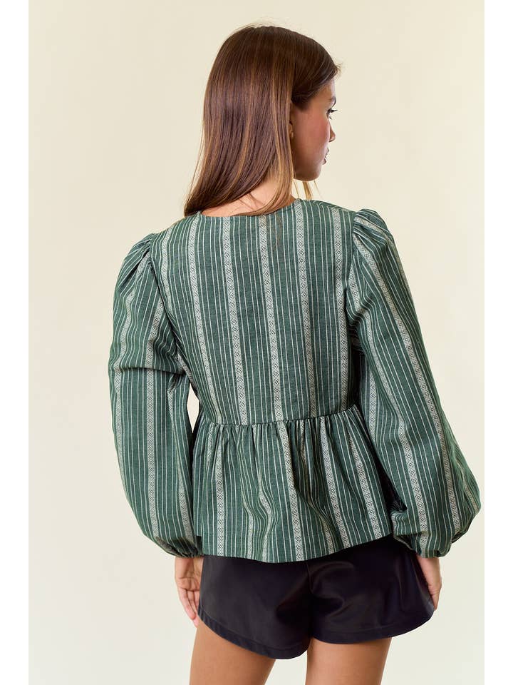 Doe and Rae - Wholesale Blouse - Women's - Corduroy Long Sleeve Bow Tie Front Peplum Blouse - 44762T-13