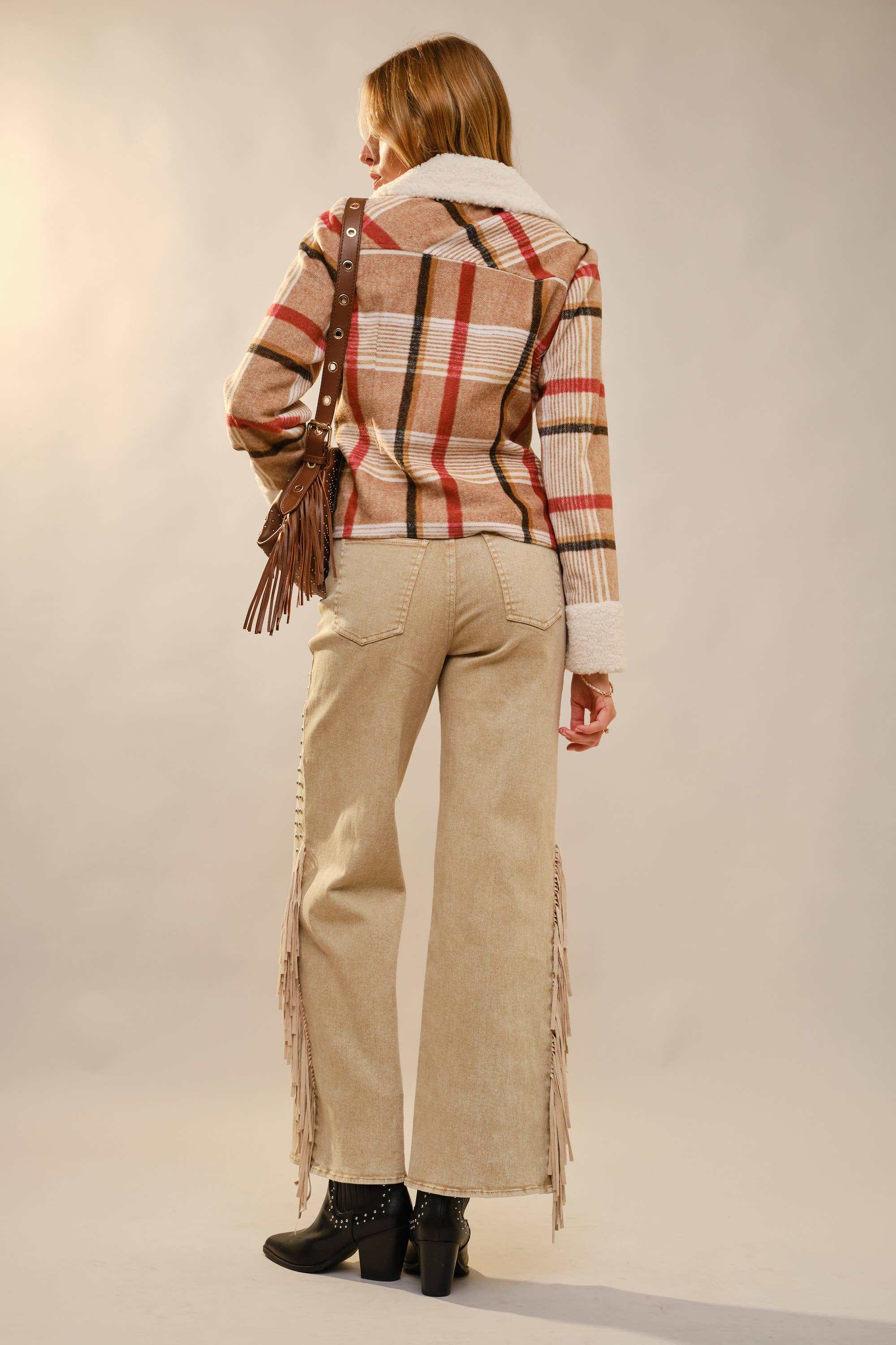 MOCHA MULTI 93711J Sherpa Collar Plaid Jacket for wholesale on Faire6