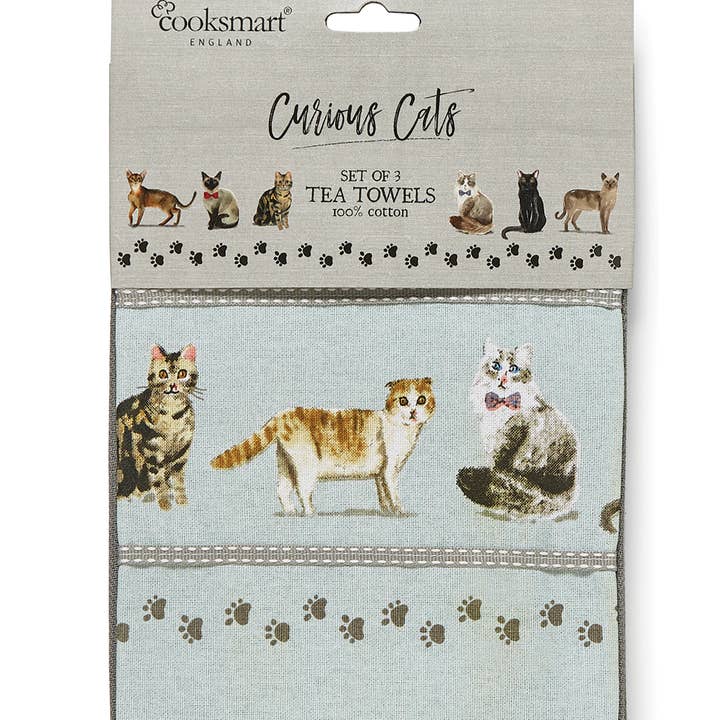 3-pack theedoeken Curious Cats van Cooksmart England voor wholesale door Cooksmart