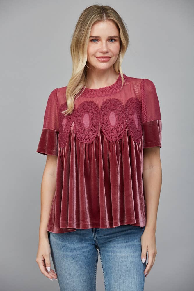 FATE – Blusa - Mulher por atacado – TOP DE VELUDO COM DETALHE DE RENDA FT254748