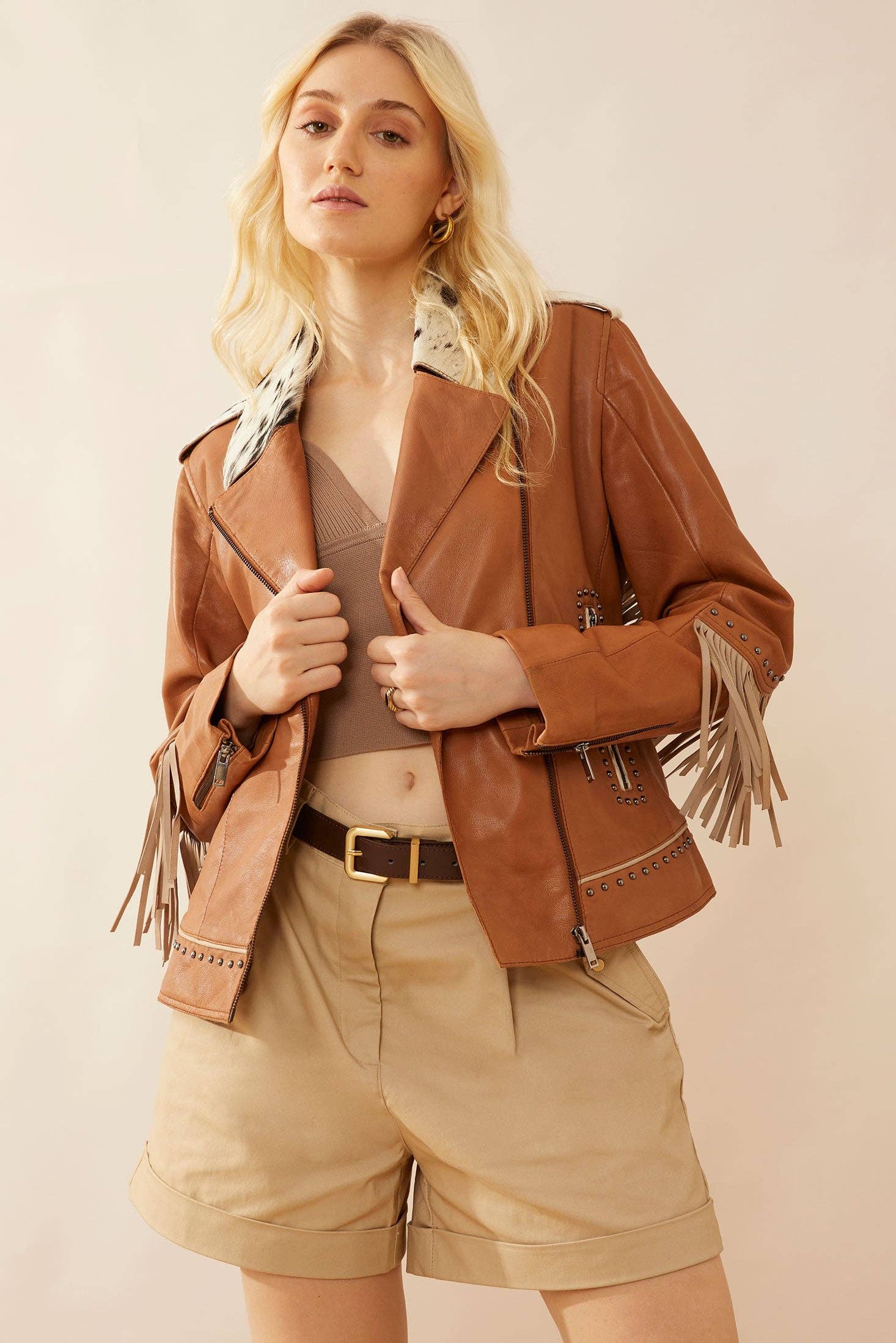 MYRA - EU - Wholesale Leather Jacket - Women's - Phoenix Fringed Leather Jacket In Camel0