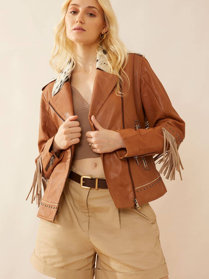 MYRA - EU - Wholesale Leather Jacket - Women's - Phoenix Fringed Leather Jacket In Camel