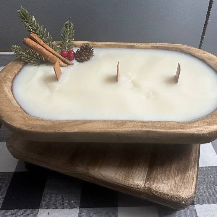 Shells Primitives/No Place Like Home - Wholesale Jar/Filled Candle - Christmas Dough Bowl Soy Wax Candle w/ pine cone