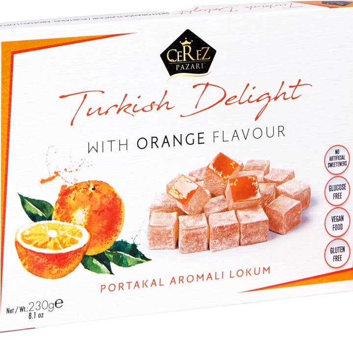 Turkish Delight White Box Orange Flavour 230g for wholesale by Mahdina