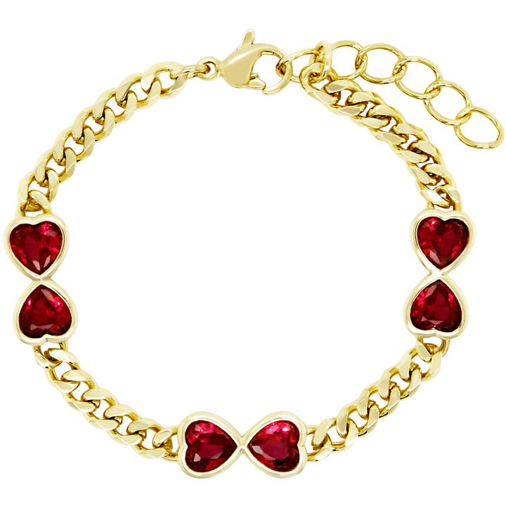 Bracelet en acier chirurgical plaqué or avec pierres rubis en forme de cœur pour la vente par Dlux Jewels