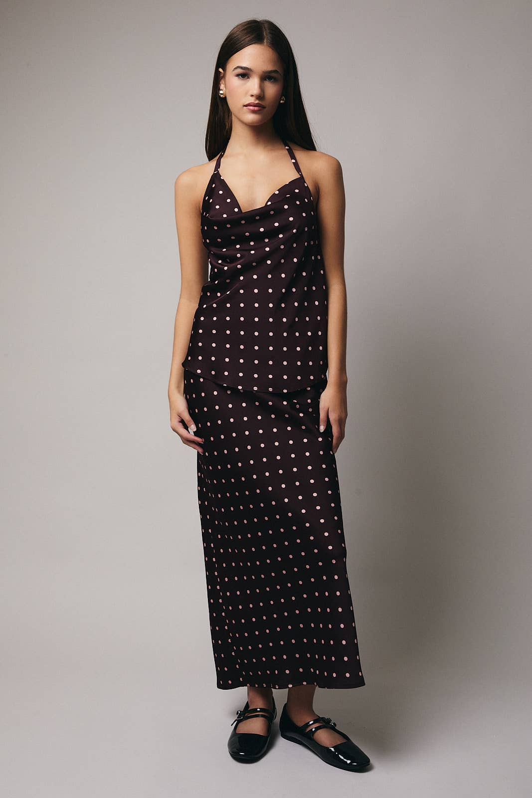 HALTER NECK ASYMMETRIC COWL NECK POLKA DOT TOP for wholesale on Faire5