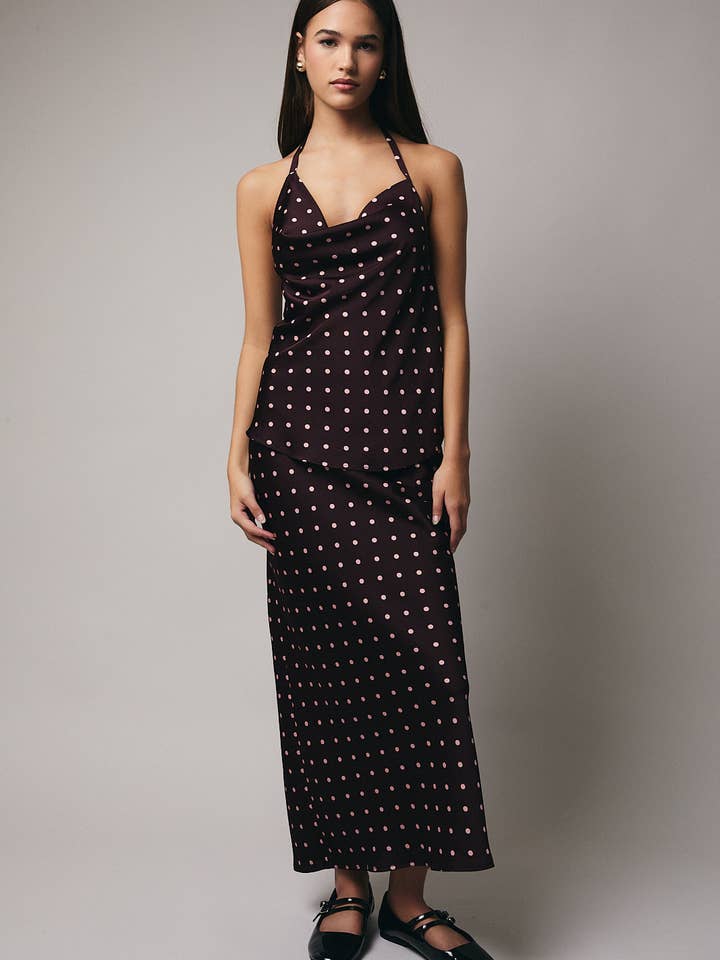 HALTER NECK ASYMMETRIC COWL NECK POLKA DOT TOP for wholesale on Faire5