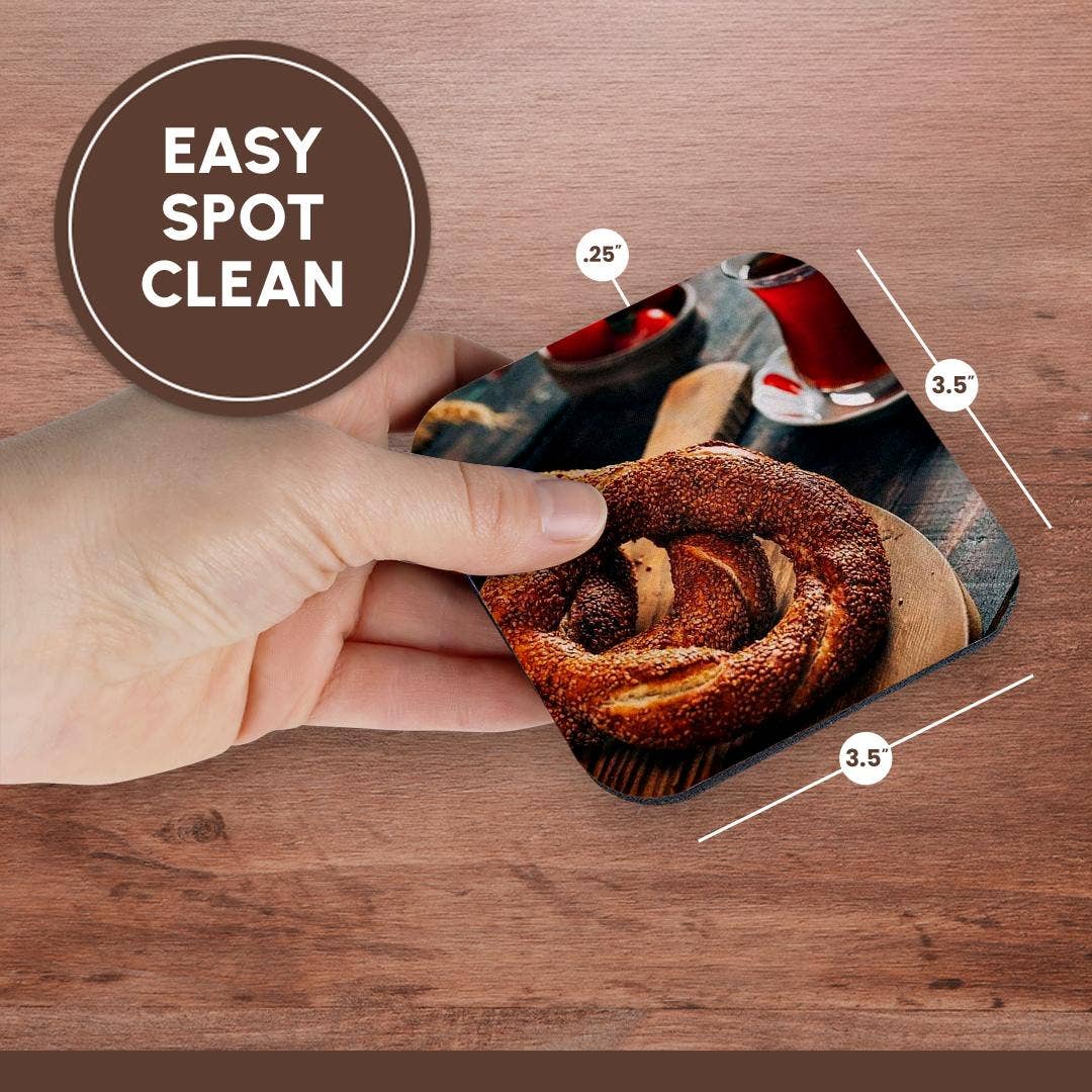 3dRose - Wholesale Coasters - 3dRose, A close up photograph of a Turkish simit bagel and fresh tea, Coaster13