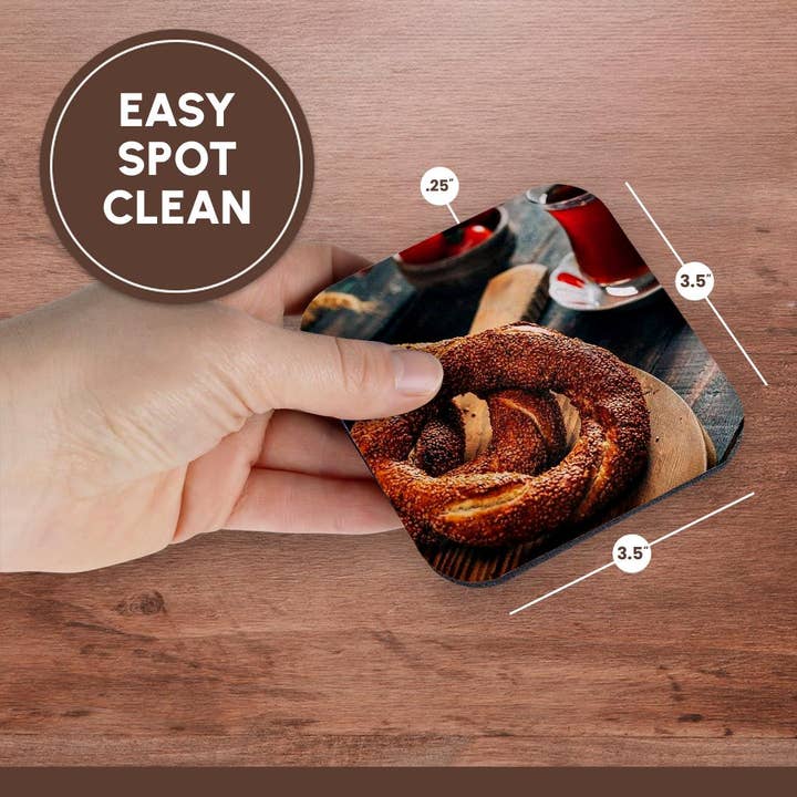 3dRose - Wholesale Coasters - 3dRose, A close up photograph of a Turkish simit bagel and fresh tea, Coaster13