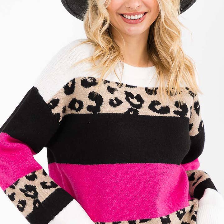 Y2208- Colorblock and animal print knit sweater for wholesale by IWT Brands