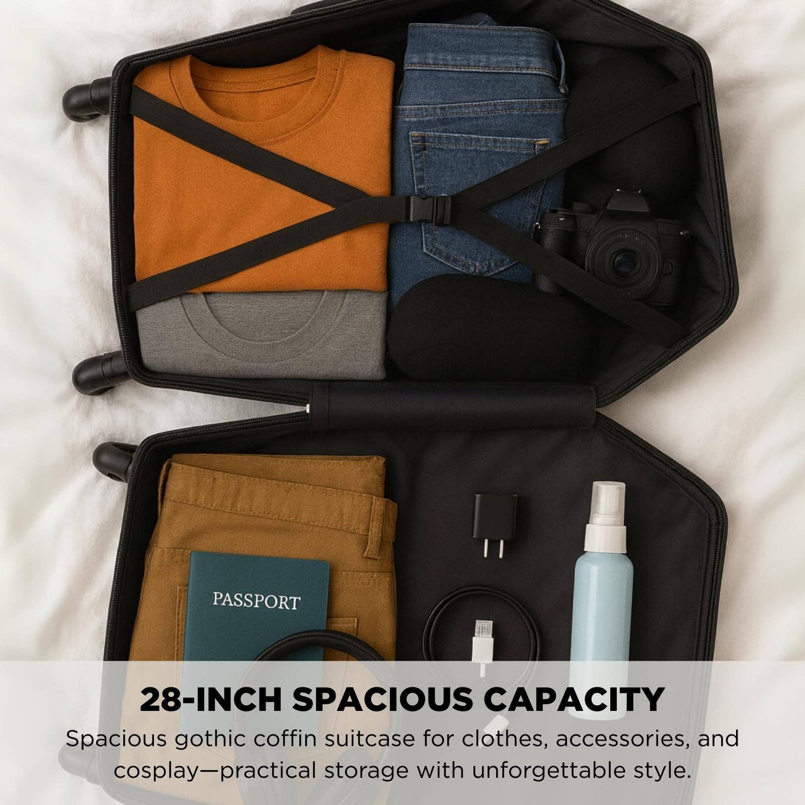 The Wine Savant /  Khen Glassware - Wholesale Luggage - Coffin Suitcase 26.5 Inch Gothic Luggage Black Hard Shell1