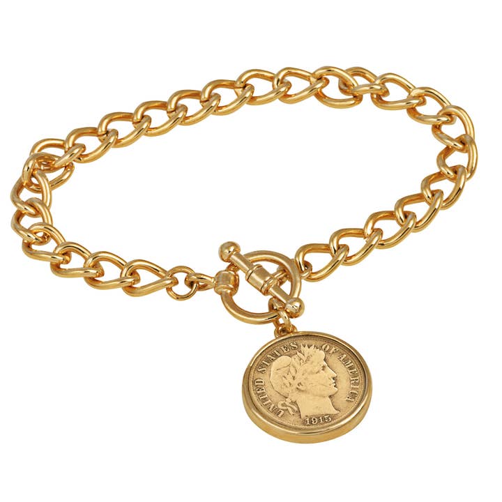 Gold Plated Silver Barber Dime Goldtone Toggle Bracelet for wholesale by American Coin Treasures