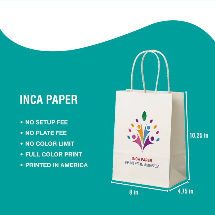 8" x 4.75" x 10.25" Printed White Paper Bags Twisted Handles for wholesale by INCA PAPER
