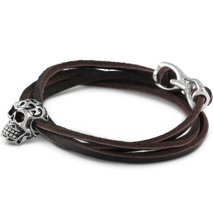 Bracelet en cuir crâne orné - Argent pour la vente par Lost Apostle
