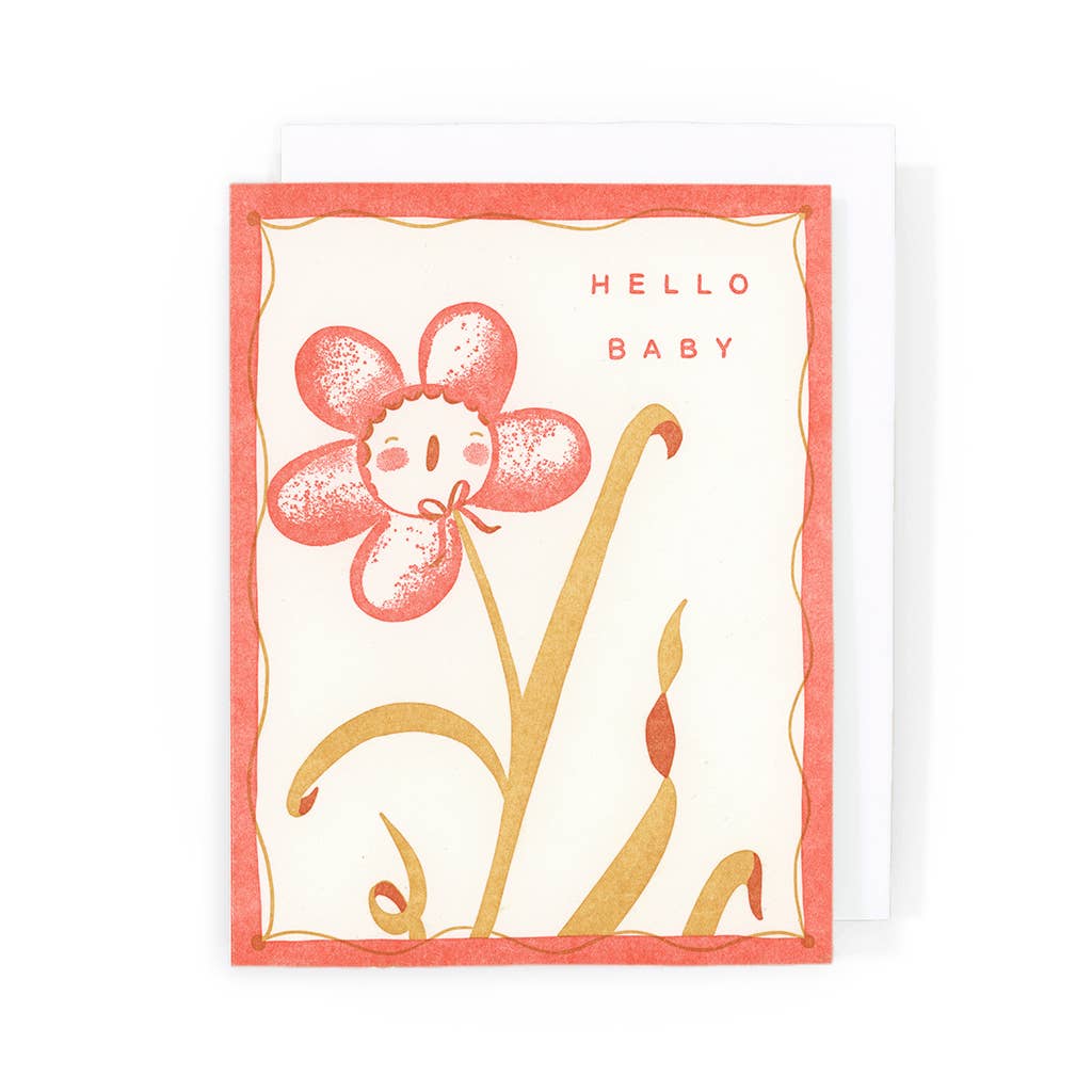 Homework Letterpress Studio - Wholesale Baby Card - Hello Baby | Pink Flower | Letterpress Card