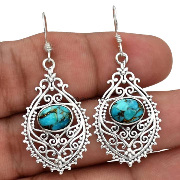 Boucles d'oreilles turquoises bleues en argent sterling 925 pour femme et fille pour la vente par Kanika Jewelry Trove