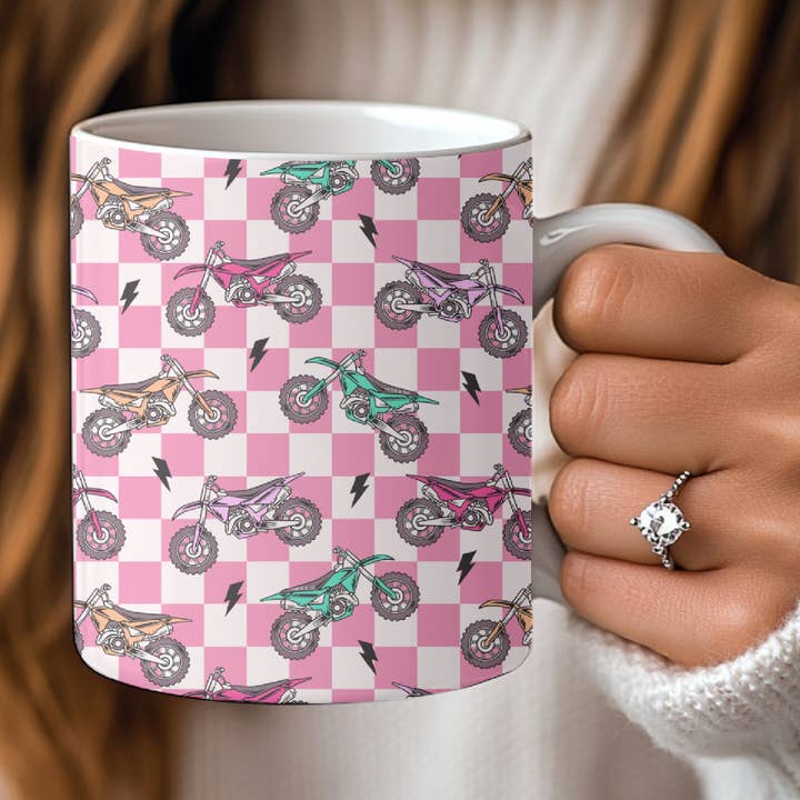Pink Check Colorful Motorbike 11 oz Ceramic Coffee Mug for wholesale by Rufflеѕ & Bоwtіеѕ - Affordable Boys & Girls Clothing