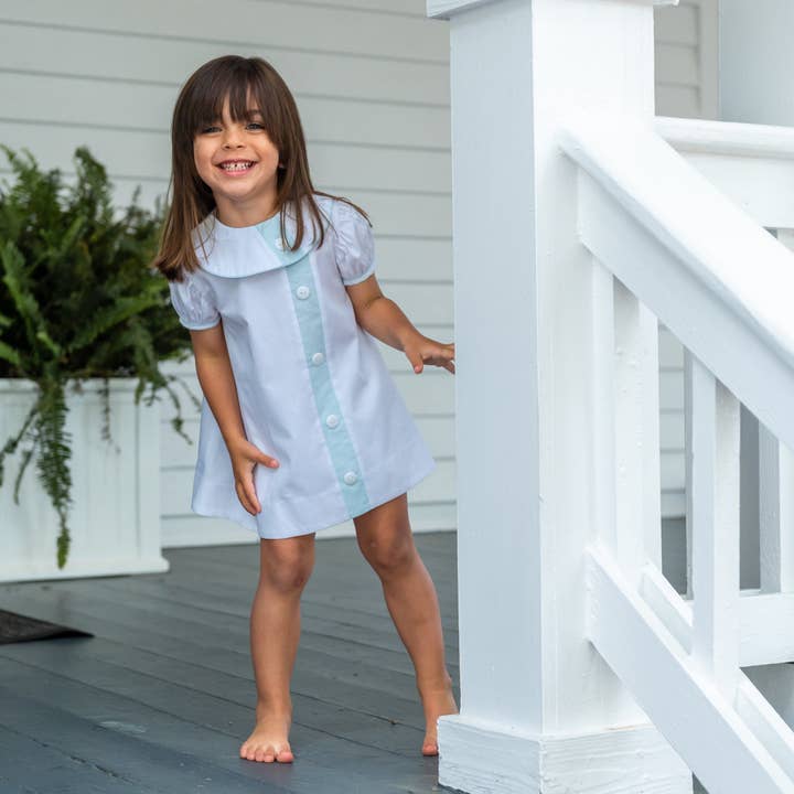 Angels and Company Clothing - Wholesale Top & short set – Kids - Louise Swing Top Set with Short in White Pique with Aqua Chambray Insert2