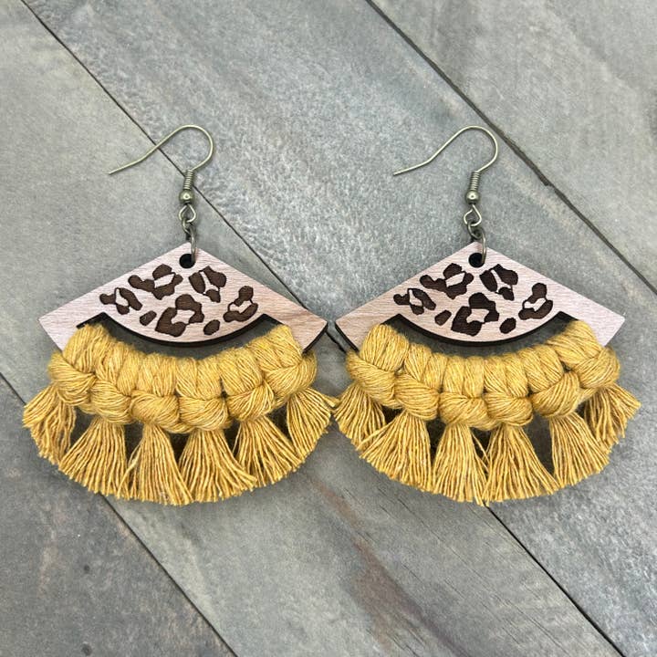 Leopard Print Fan Fringe - Mustard for wholesale by HK Macrame Jewelry