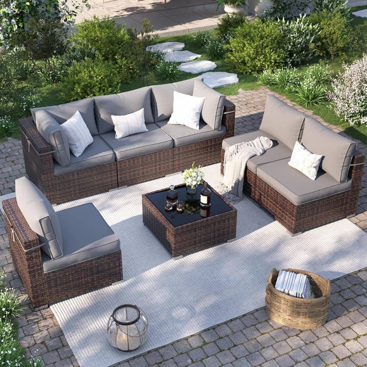 Grey Brown 7 Piece Outdoor Sectional Patio Set With Waterproof Cover for wholesale on Faire1