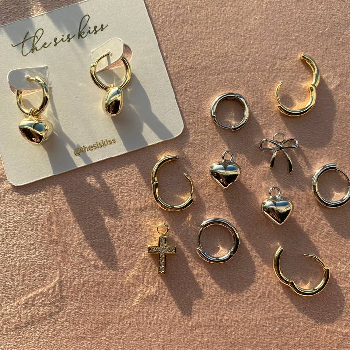 The Sis Kiss - Wholesale Huggie Earrings - Mini Puffy Heart Charm Huggies - 2 ways to wear this pair