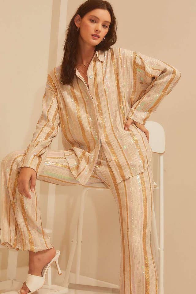 CREME MULTI Camisa Formal de Lantejoula Stripe Neutro para venda a revendedores na Faire6