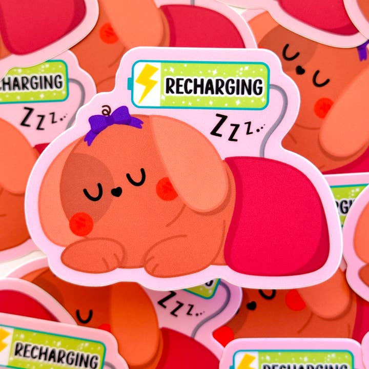 Adorable Puppy Sleeping Recharging Waterproof Vinyl Sticker for wholesale by Pochistudios