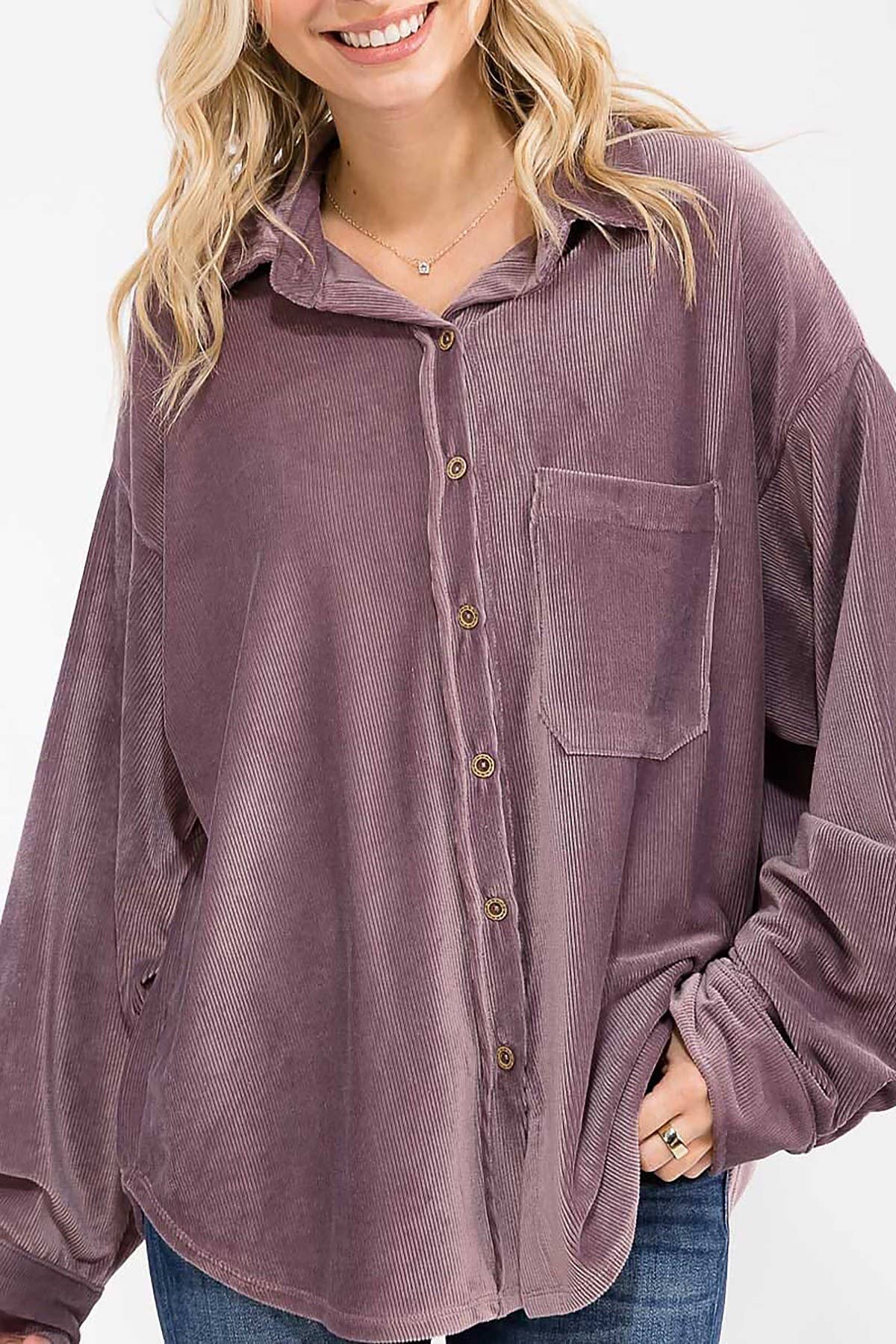 ROUSSEAU - Wholesale Button Down Shirt - Women's - OVERSIZED CORDUROY BUTTON DOWN POCKET FRONT TOP18