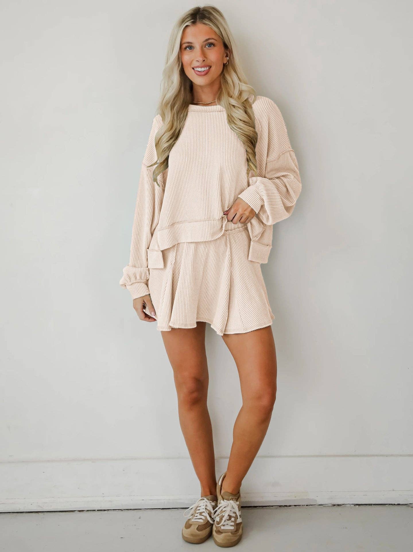 Marayn - Wholesale Top & Skirt Set - Women's - Autumn Ribbed Set Lantern Sleeve Top  Pleated Skirt13