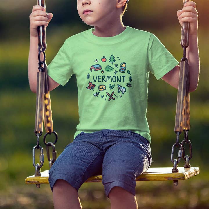 RetroPlanet - Wholesale Screen Printed T-Shirt - Kids - Vermont Doodles Playful Icons Youth T-Shirt Unisex XS-XL8