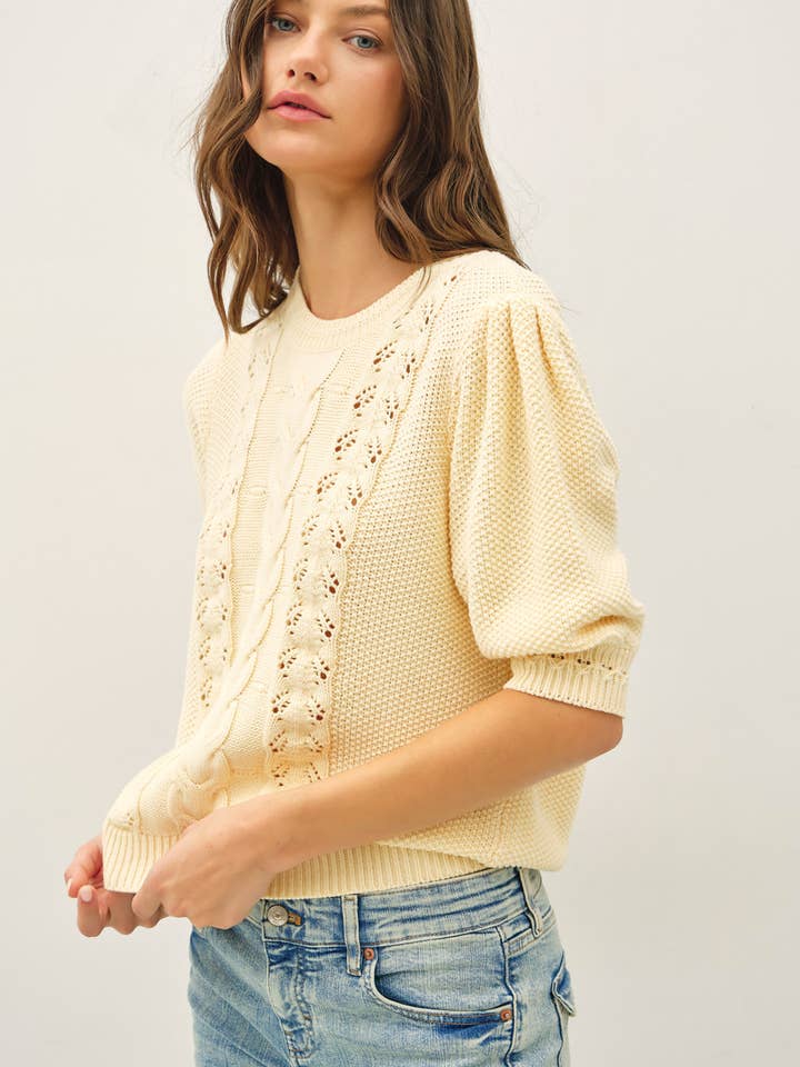 CHUNKY PUFF SHORT SLEEVE CABLE KNIT SWEATER for wholesale by Be Cool