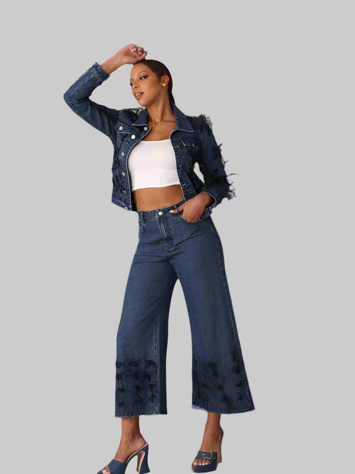 Giacca di Jeans con Bordi in Piume - 82303 per la vendita all'ingrosso da parte di For Her NYC
