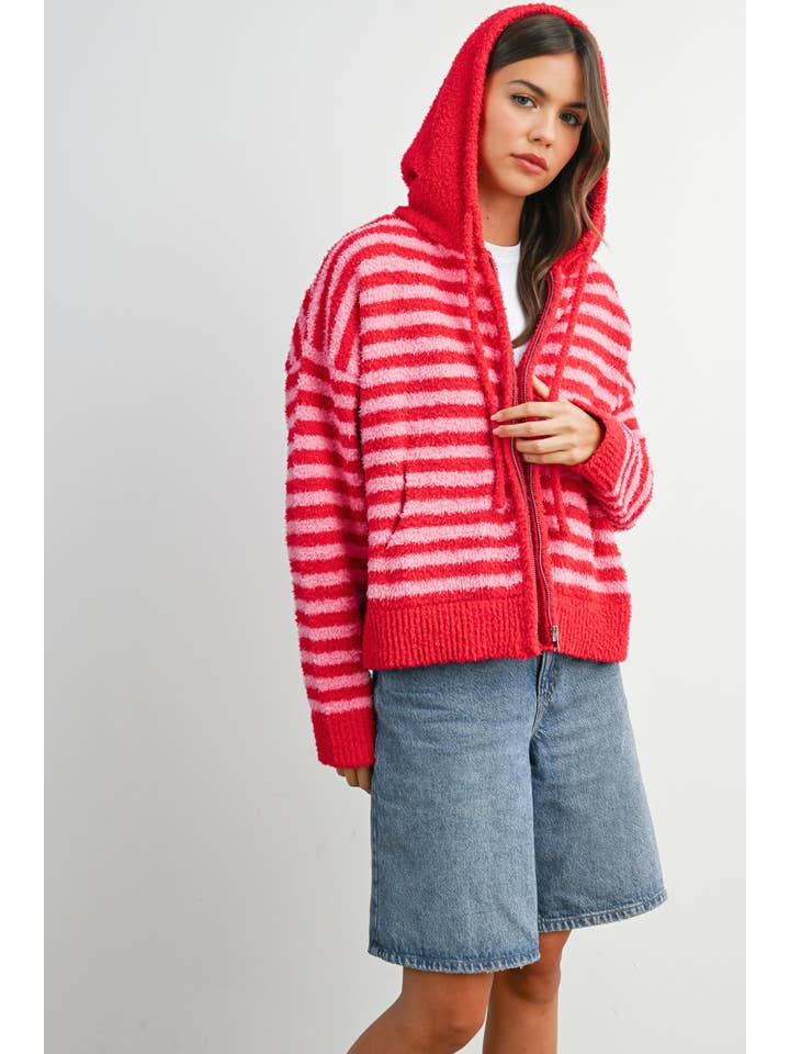 BUTTERMELON - Wholesale Knit Sweater - Women's - Striped Zip-Up Hooded Cardigan - BMC809718