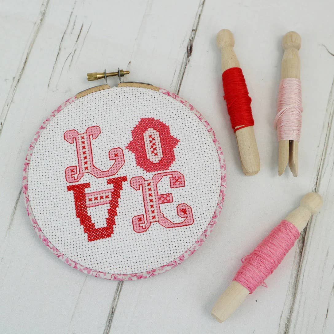 Stitchkits Crafts - Wholesale Embroidery/Cross Stitch Supplies - 'Love' Cross Stitch  Hoop Kit. Pink0