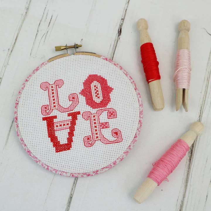 Stitchkits Crafts - Wholesale Embroidery/Cross Stitch Supplies - 'Love' Cross Stitch Hoop Kit. Pink