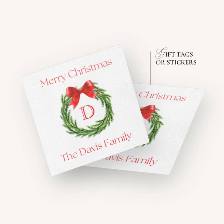 Étiquettes-cadeaux ou autocollants personnalisés avec couronne de Noël | Étiquettes-cadeaux de vacances avec monogramme | Étiquettes-cadeaux de Noël personnalisées ou autocollant pour la vente par The Winsome Life Stationery