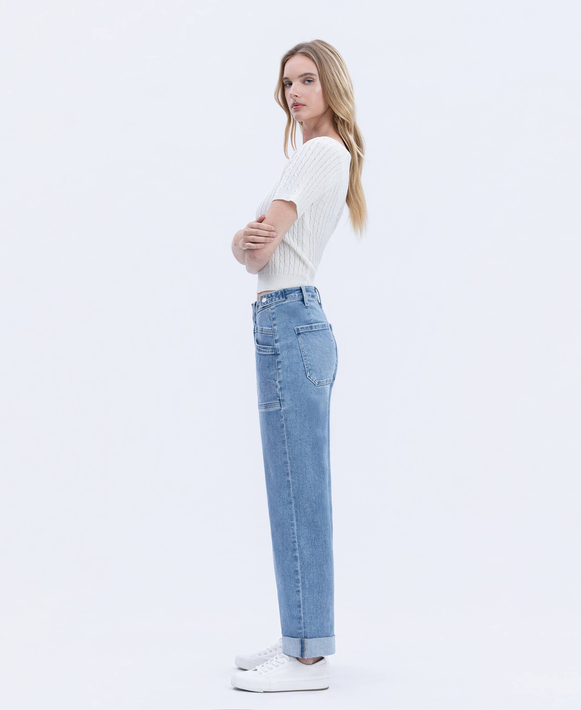 MULTI LOVE HIGH RISE TAB WAISTBAND CUFFED SLIM WIDE JEANS T6700 for wholesale on Faire3