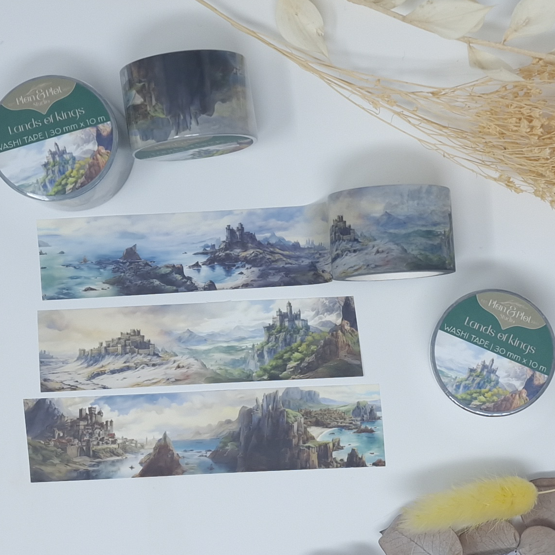 Plan & Plot Studio - Vente Rubans adhésifs Washi - Washi tape « Lands of Kings » avec paysages et châteaux médiévaux8