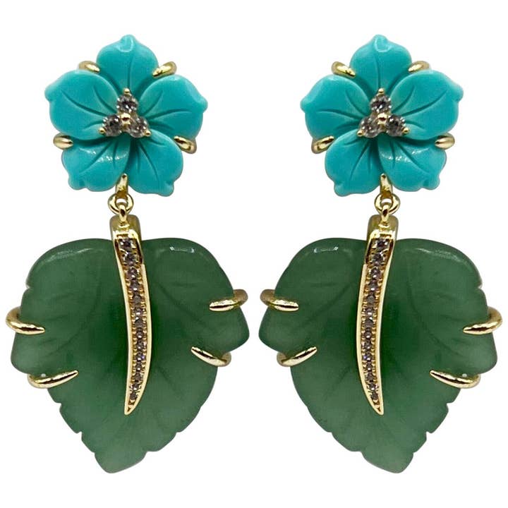 Bethany Turquoise Bloemen Top Jade Blad Oorbellen Set In Sterling Zilver Vermeil voor wholesale door Michael Nash Jewelry