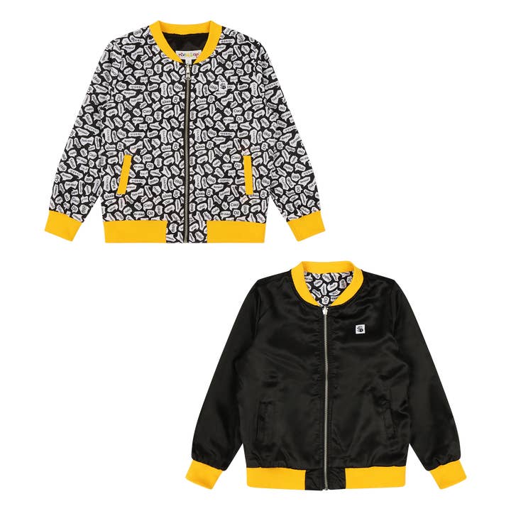 Leichte, wendbare Bomberjacke mit Reißverschluss für Mädchen, Schwarz/Gelb/Hello für den Großhandel von Mixed Up Clothing