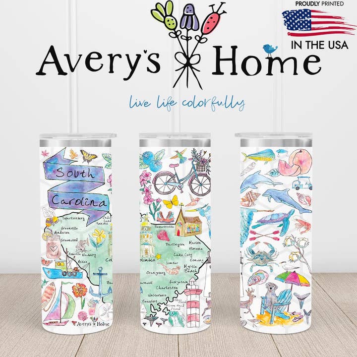 Avery's Home - Wholesale Insulated Mug/Tumbler - South Carolina Map Artwork Souvenir 20 oz USA Skinny Tumbler