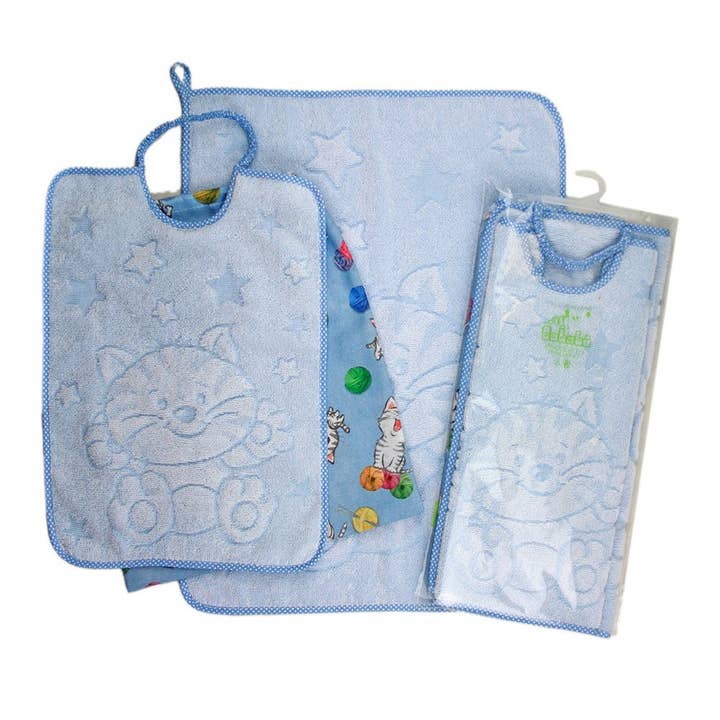 Set Silvestro de 3 piezas: toalla+babero con elástico+bolsa de lona estampada para venta al por mayor de Almatex srl