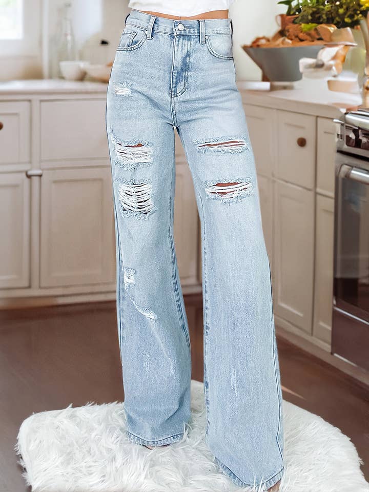 Beau Blue Light Wash Distressed High Waist Wide Leg Jeans for wholesale on Faire