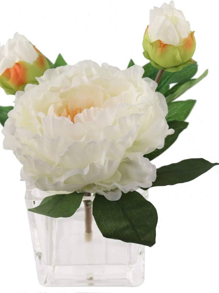 Glass Vase Cream Peony Arrangement- 4"X4" Faux for wholesale by Larksilk