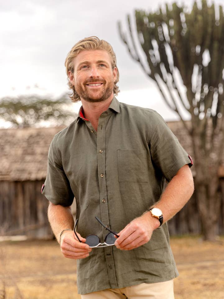 Khaki Short-Sleeved Linen Shirt for wholesale by KOY CLOTHING