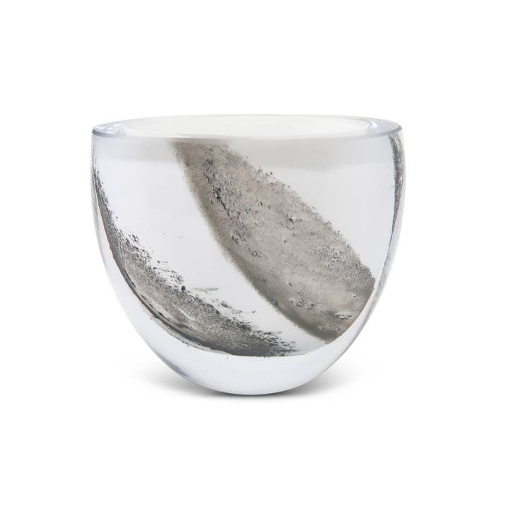 VIVIENCE - Wholesale Vase - White Glass Shallow Vase With Black Strokes, 6"