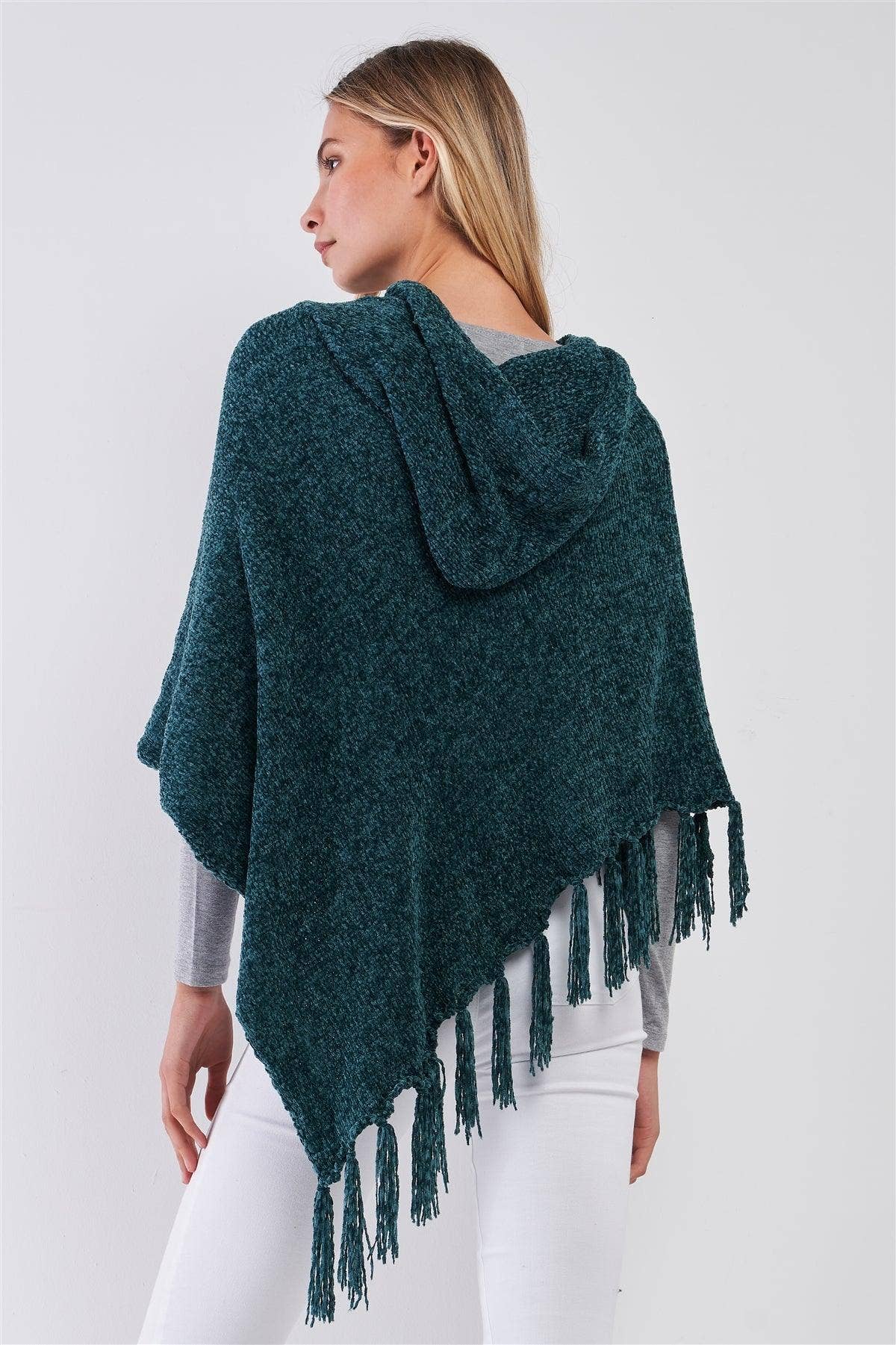 Green Chenille Knit Tassel Fringe Side Trim Hooded Poncho for wholesale on Faire1